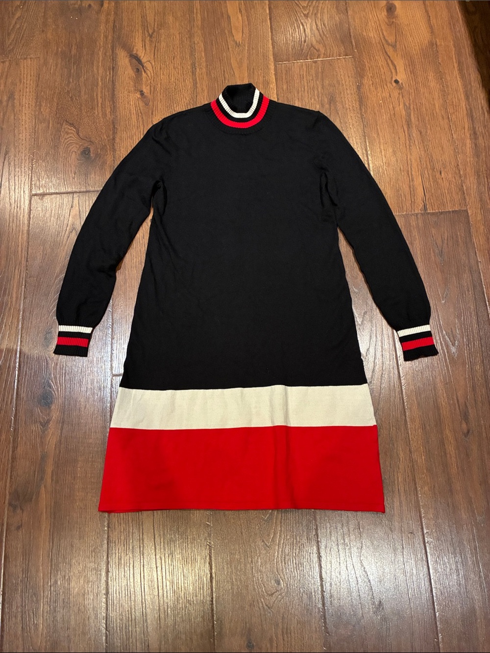 Black Sweater Dress with Red and Cream Colorblock